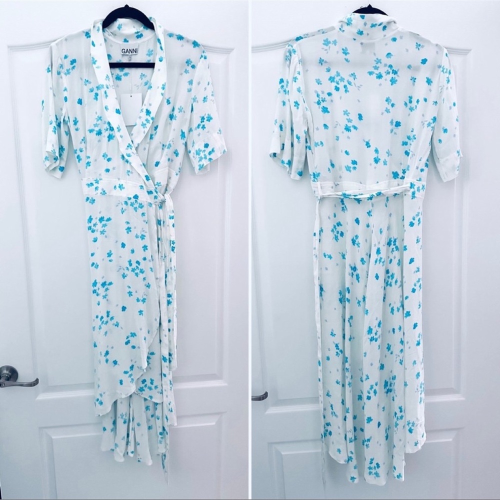 Ganni High Low Wrap Dress - White and Blue Floral 38 - Picture 4 of 8